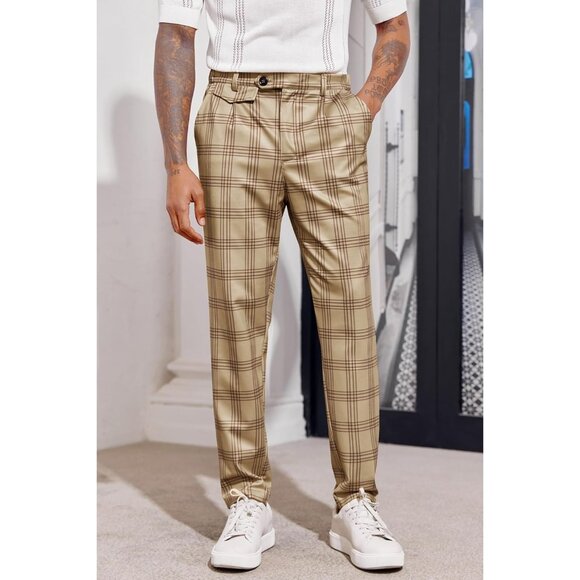 🆕 Men Brown Slim Fit Pants Flat Front Stretch Skinny Tapered Casual Trousers - Picture 2 of 6